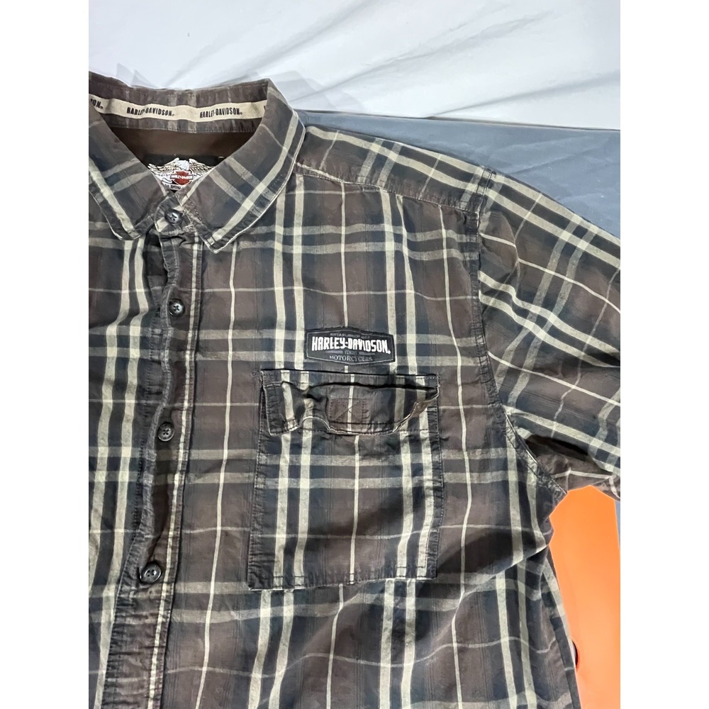 Vintage Harley-Davidson Plaid Button Up Shirt Men's 2XL Brown/Grey Short Sleeve